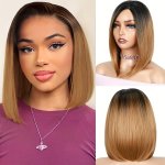 Elegant Straight Bob Wig For Women High Temperature Fiber 150% Density Rose Net Cap Stylish 30.48CM Ombre Honey Blonde Wig Suita
