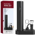 Electric Wine Opener Set With Foil Cutter Vacuum Stopper Pourer Storage Base Battery Operated Black Bottle Opener Set