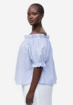 Frill-trimmed Off-the-shoulder Top - Blue striped