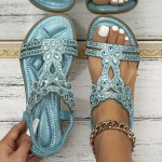 Women's Rhinestone Wedge Sandals Boho Style Open Tpe Elastic Band Summer Shoes All-match Outdoor Sandals