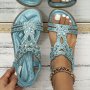 Women's Rhinestone Wedge Sandals Boho Style Open Tpe Elastic Band Summer Shoes All-match Outdoor Sandals