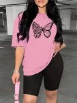 Butterfly Print Casual Two Piece Set Crew Neck Short Sleeve T-Shirt & Short Leggings Outfits For Spring & Summer Women's Clothin