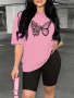 Butterfly Print Casual Two Piece Set Crew Neck Short Sleeve T-shirt & Short Leggings Outfits For Spring & Summer Women's Clothing