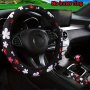 3PCS/SET Car Red And White Flower Breathable Fabric Without Inner Ring Car Steering Wheel Cover Cute Cartoon Handbrake Cover Gear Handle Cover