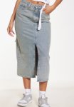 Vintage Mid Wash Split Front Mid Rise Denim Midi Skirt - Vintage Mid Wash