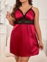 Plus Size Sexy Nightdress Women's Plus Satin Contrast Lace V Neck Wave Trim Slip Sleep Dress