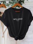 Milano Letter Print T-Shirt Casual Crew Neck Short Sleeve Top For Spring & Summer Women's Clothing