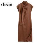 Draped Neck Mock Wrap Jacquard Dress Maxi - Chocolate M
