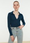 Button Detailed Crop Knitted Blouse - Indigo