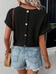 Back Button V Neck T-Shirt Casual Short Sleeve Top For Spring & Summer Women's Clothing