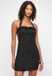 Linen Look Pocket Halterneck Tie Bodycon Dress - Black