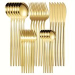 30-PIECE Golden Flatware Set Stainless Steel Elegant Cutlery Set Dinner Knives Forks Spoons Included - Ideal For Home Kitchen Re