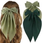 Atoden Silky Satin Green Oversized Bowknot Bow Hair Accessories: 2 Pcs Large Hair Barrettes With Long Tails Metal Clips For Aest