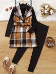 3PCS Elegant Outfits Plaid Sleeveless Outerwear + Pullover + Pants Set For Girls Spring Fall Gift
