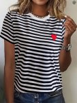 Striped Print Crew Neck T-Shirt Casual Short Sleeve Top For Spring & Summer Women's Clothing