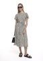 Belted Striped Flutter Sleeve Crepe Midi Dress