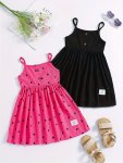 Girl's 2PCS Cute Heart Dots Print Cami Dresses Holiday Style Breathable Stretch Rib-knit Slip Dresses