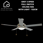 Grey 3 Speed Pull Switch Ceiling Fan With Light - 132CM