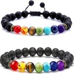 2PCS 7 Chakra Necklace Bracelet Set For Women Men Lava Stone Beads Yoga Healing Bracelet Relieving Anxiety Meditation Jewelry Se