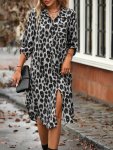Leopard Print Button Front Shirt Dress Elegant Roll Up Sleeve Dress For Spring & Fall Women's Clothing