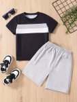 2PCS Boys Casual Striped Stitching Short Sleeve T-Shirt & Solid Color Shorts Set Comfy Summer Boys Clothes