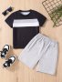 2pcs Boys Casual Striped Stitching Short Sleeve T-shirt & Solid Color Shorts Set Comfy Summer Boys Clothes
