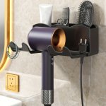 Space-saving No-drill Hair Dryer Holder - Stylish Wall Mount Organizer For Bathroom Secure & Easy Install Bathroom Organizers An