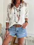 Hollow Out V Neck Sweater Casual Three-quarter Sleeve Cover Up Sweater For Spring & Summer Women's Clothing