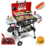 Kids Play Kitchen Toys Kids Bbq Grill Playset With Smoke Sound Light 2-LAYER Barbecue Toy With Wheel Outdoor Play Grill Toys For