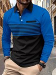 Striped Pattern Print Men's Color Blocked Long Sleeve Lapel Golf Shirts Casual Style Slight Stretch Regular Fit Golf Shirts Spri