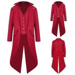 Qpaxucr Men's Steampunk Vintage Tailcoat Jacket Gothic Medieval Coat For Halloween Costume Red 3X-LARGE