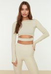 Crop Window cut Out And Thumb Hole Detail Knitted Sports Top - Stone