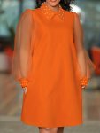 Plus Size Elegant Dress Women's Plus Solid Contrast Mesh Faux Pearl Decor Lantern Sleeve Turn Down Collar Dress