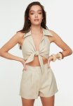 Woven Tie Linen Blend Blouse Trouser Suit - Beige