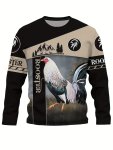 Rooster Pattern Men's Trendy Long Sleeve Crew Neck Pullover T-Shirt Spring Fall