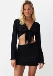 Woven Tie Blouse And Skirt Set - Black