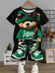 2PCS Boys Casual Cartoon Cool Bear Print Versatile Short Sleeve T-Shirt & Shorts Set Cool Lightweight And Comfy Summer Clothes