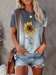 Sunflower Print T-Shirt Gradient Color Short Sleeve Crew Neck Casual Top For Summer & Spring Women's Clothing