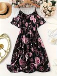 Plus Size Floral Print Cold Shoulder Dress Vacation Style Cinched Waist V Neck Dress For Spring & Summer Women's Plus Size Cloth