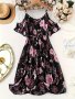 Plus Size Floral Print Cold Shoulder Dress Vacation Style Cinched Waist V Neck Dress For Spring & Summer Women's Plus Size Clothing