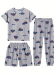 3 Pcs Boy's Casual Underwear Set Full-print Off-road Vehicle Loose Round Neck Short Sleeve & Shorts & Trousers Comfy & Skin-frie
