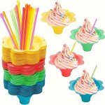 50PCS Colorful Flower Shaped Ice Cups With 50PCS Spoons Straws Set 4OZ Small Leak-proof Plastic Ice Cream Cups Cone Cups For Bir
