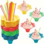 50PCS Colorful Flower Shaped Ice Cups With 50PCS Spoons Straws Set 4OZ Small Leak-proof Plastic Ice Cream Cups Cone Cups For Birthday Summer Picnic