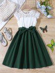 Girls Splicing Lace Trim Dress Spring Summer Gift Party 1 Size Down