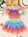 Girl's Ombre 2PCS Unicorn Full Print Cold Shoulder Crop Top & Matching Skirt Set Casual Outfit Summer Clothes