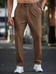 Men's Casual Dress Pants Solid Color Polyester 100% Regular Fit With Button Detail Slight Stretch Woven Trousers For Weekend Cas