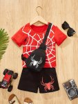 Boy's 3-PIECE Casual Co Ord Set Spider Web Print Short Sleeve T-Shirt Bag And Shorts Suitable For Summer Daily