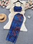 Y2K Leopard Print Two-piece Set Crop Sleeveless Cami Top & Slim Long Skirt Outfits Women's Clothing
