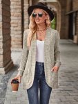 Solid Ribbed Open Front Cardigan Elegant Long Sleeve Patched Pocket Slim Cardigan For Spring & Fall Women's Clothing