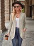 Solid Ribbed Open Front Cardigan Elegant Long Sleeve Patched Pocket Slim Cardigan For Spring & Fall Women's Clothing